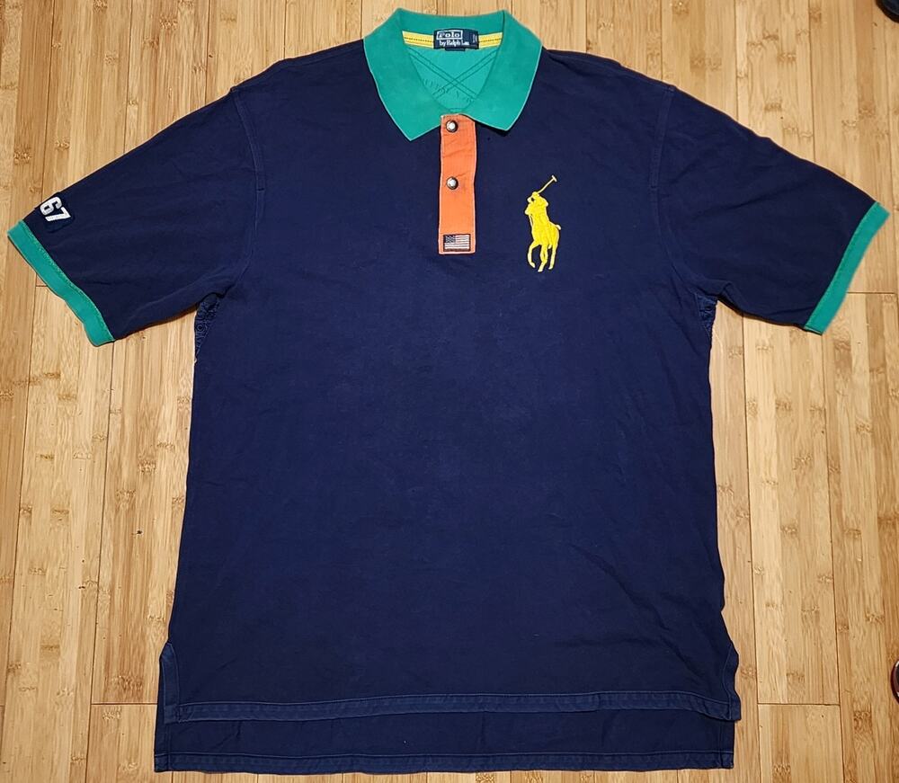 Vintage 90s Polo Ralph Lauren Shirt Men XL TALL Blue Big Pony USA Flag 67 Snap